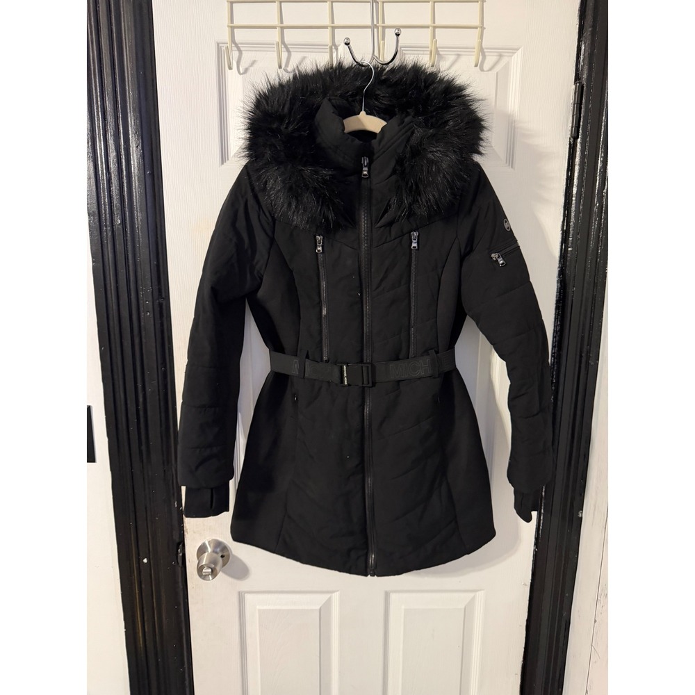 Michael Michael Kors Black Puffer Parka Faux Fur Hood Belted Coat Womens Medium